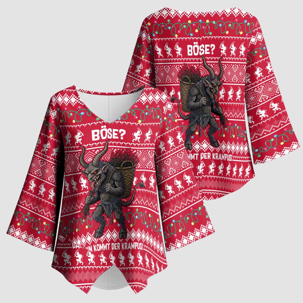 Austria Christmas Kimono Sleeve Blouse with German Text Red Pattern and Festive Lights - Wonder Print Shop