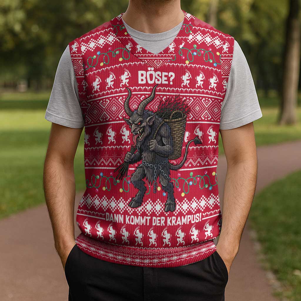 Austria Christmas Knitted V-Neck Vest with German Text Red Pattern and Festive Lights - Wonder Print Shop