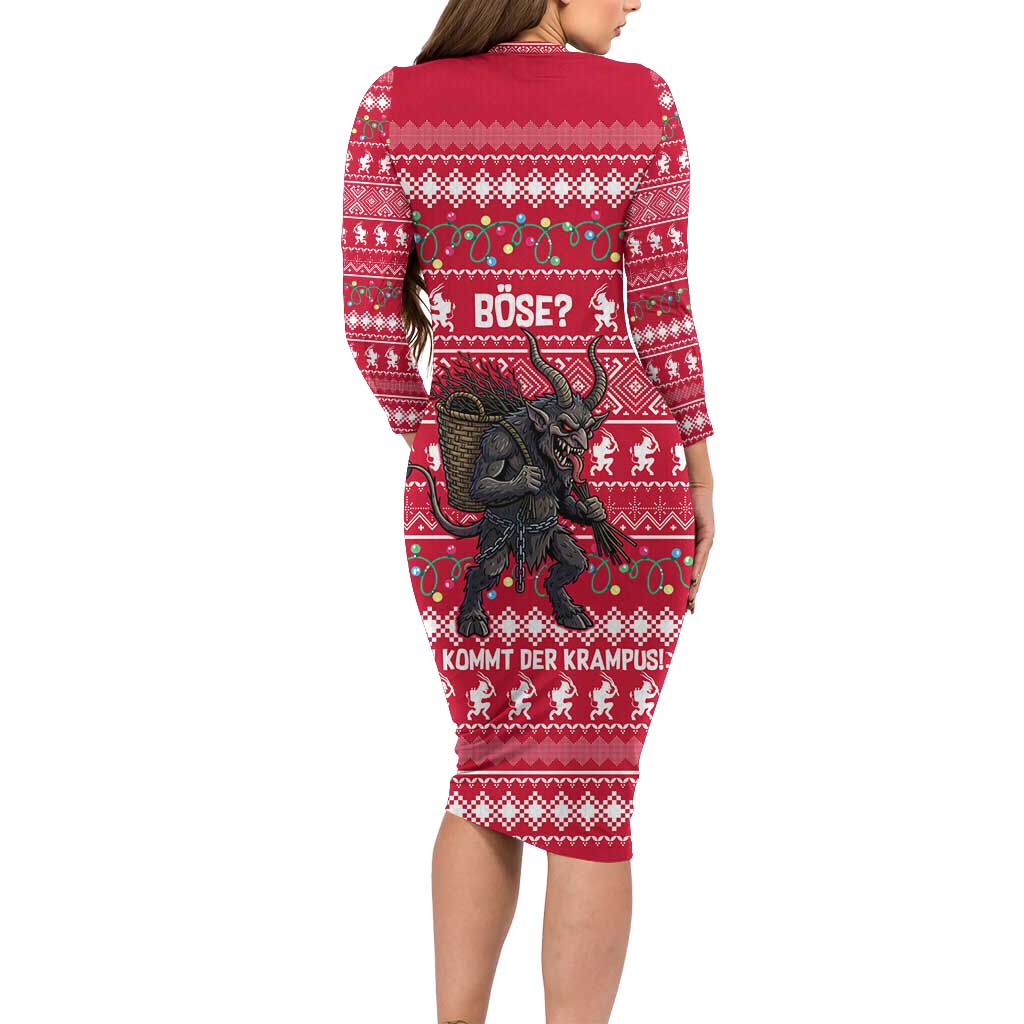 Austria Christmas Long Sleeve Bodycon Dress with German Text Red Pattern and Festive Lights - Wonder Print Shop