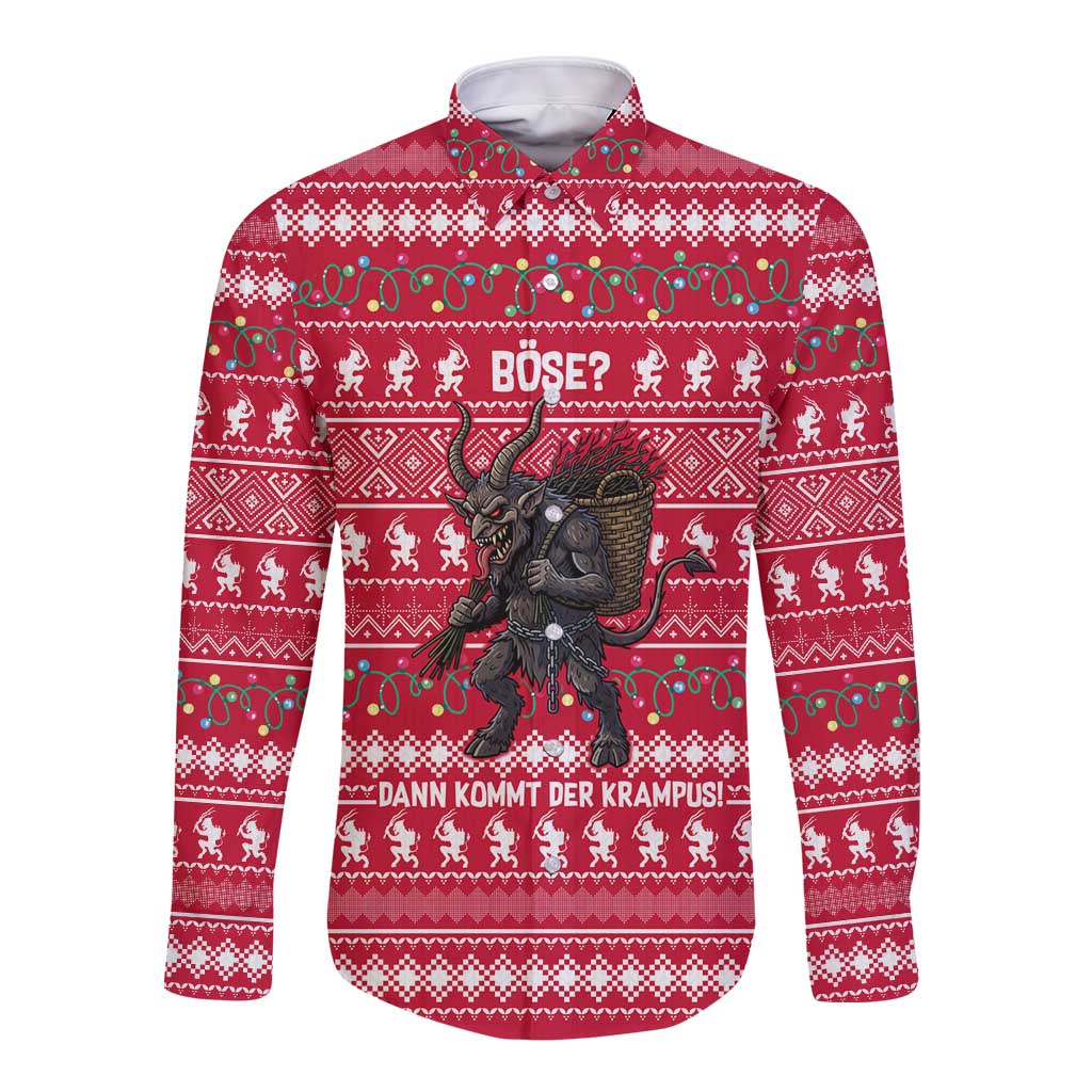 Austria Christmas Long Sleeve Button Shirt with German Text Red Pattern and Festive Lights - Wonder Print Shop