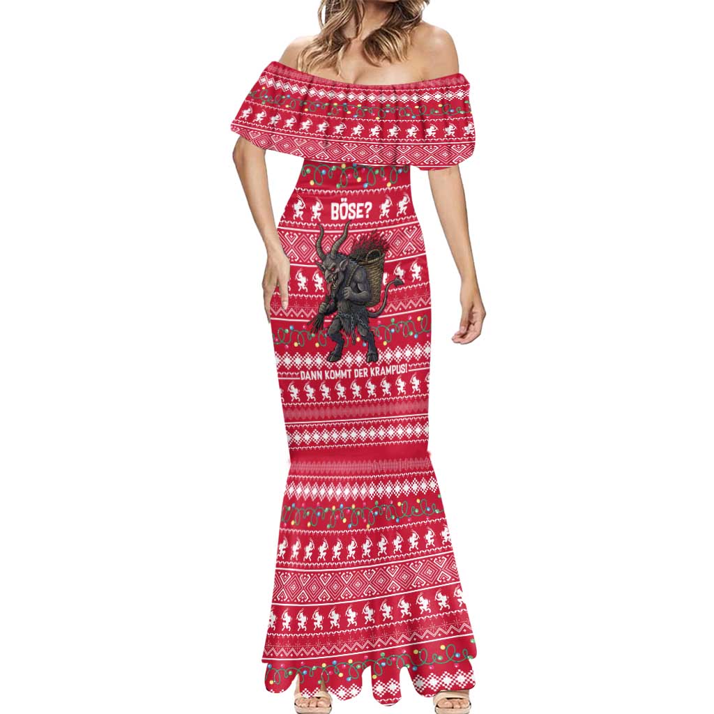 Austria Christmas Mermaid Dress with German Text Red Pattern and Festive Lights - Wonder Print Shop