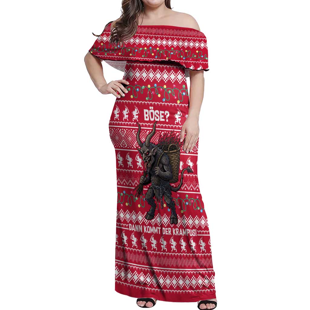 Austria Christmas Off Shoulder Maxi Dress with German Text Red Pattern and Festive Lights - Wonder Print Shop