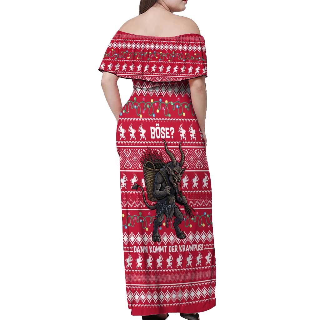 Austria Christmas Off Shoulder Maxi Dress with German Text Red Pattern and Festive Lights - Wonder Print Shop
