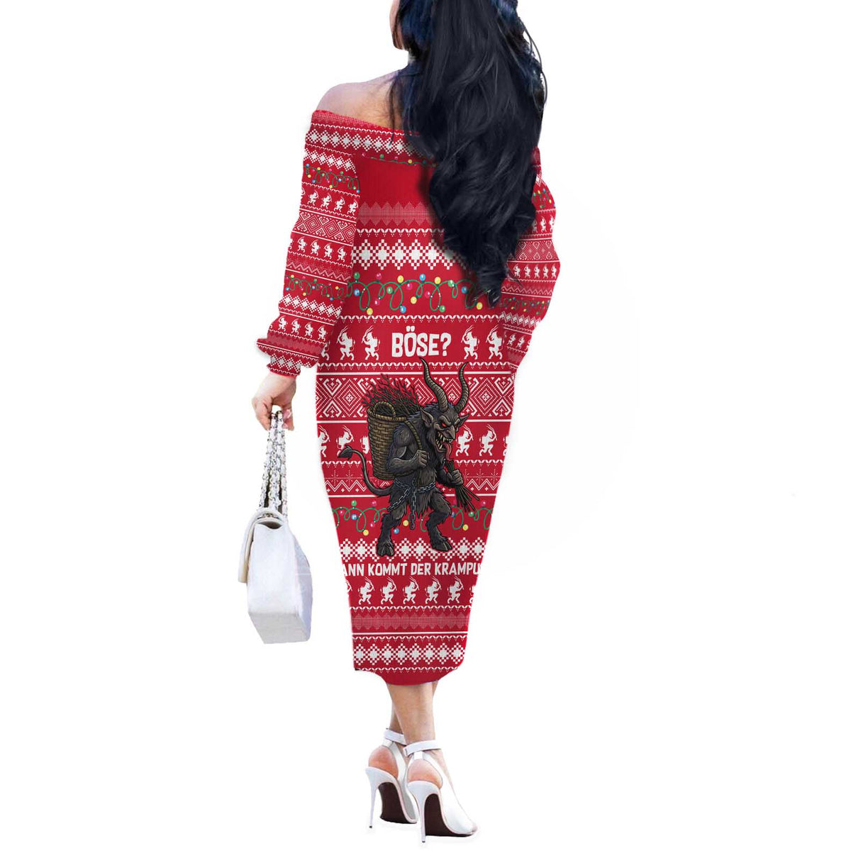 Austria Christmas Off The Shoulder Long Sleeve Dress with German Text Red Pattern and Festive Lights - Wonder Print Shop
