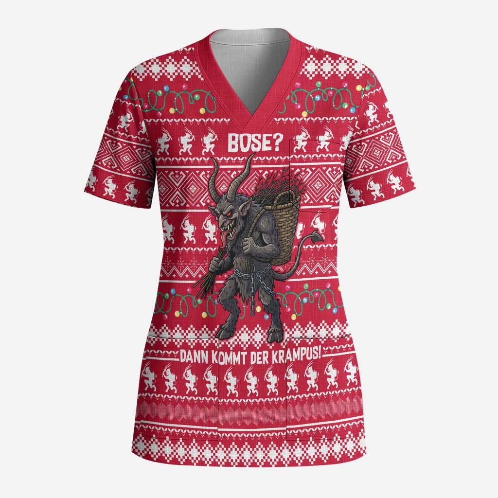 Austria Christmas Scrub Top with German Text Red Pattern and Festive Lights - Wonder Print Shop