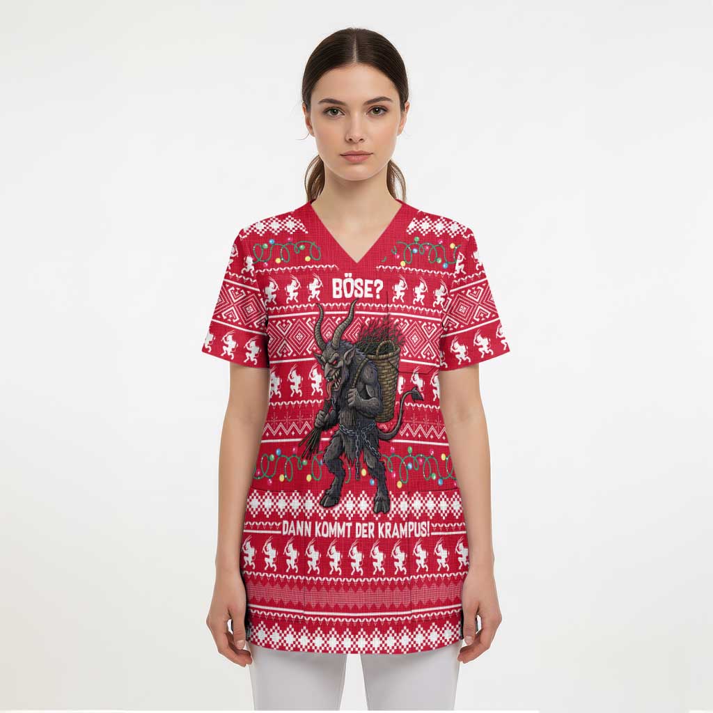 Austria Christmas Scrub Top with German Text Red Pattern and Festive Lights - Wonder Print Shop