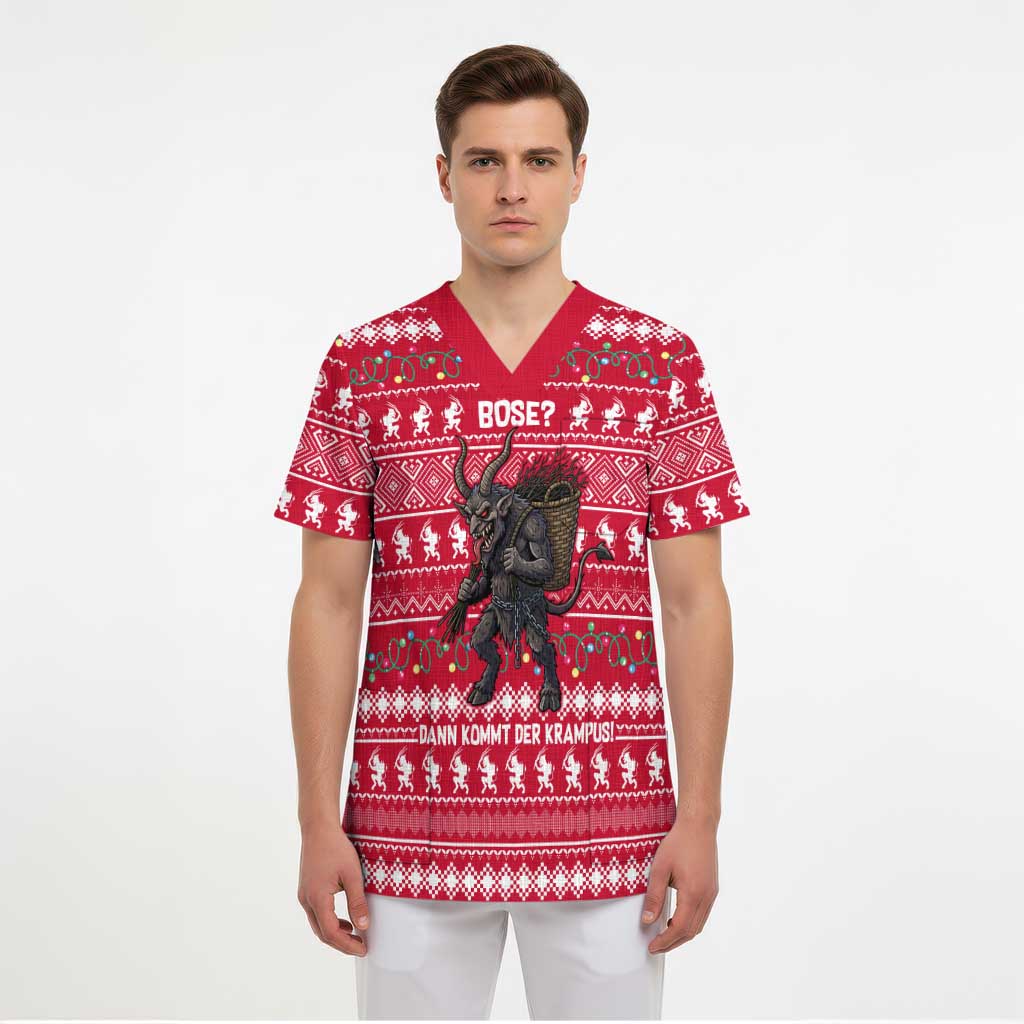Austria Christmas Scrub Top with German Text Red Pattern and Festive Lights - Wonder Print Shop