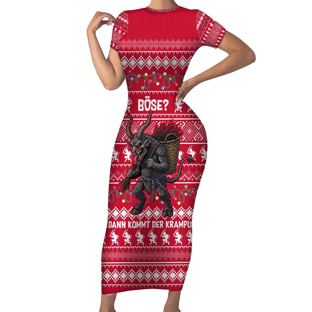 Austria Christmas Short Sleeve Bodycon Dress with German Text Red Pattern and Festive Lights - Wonder Print Shop