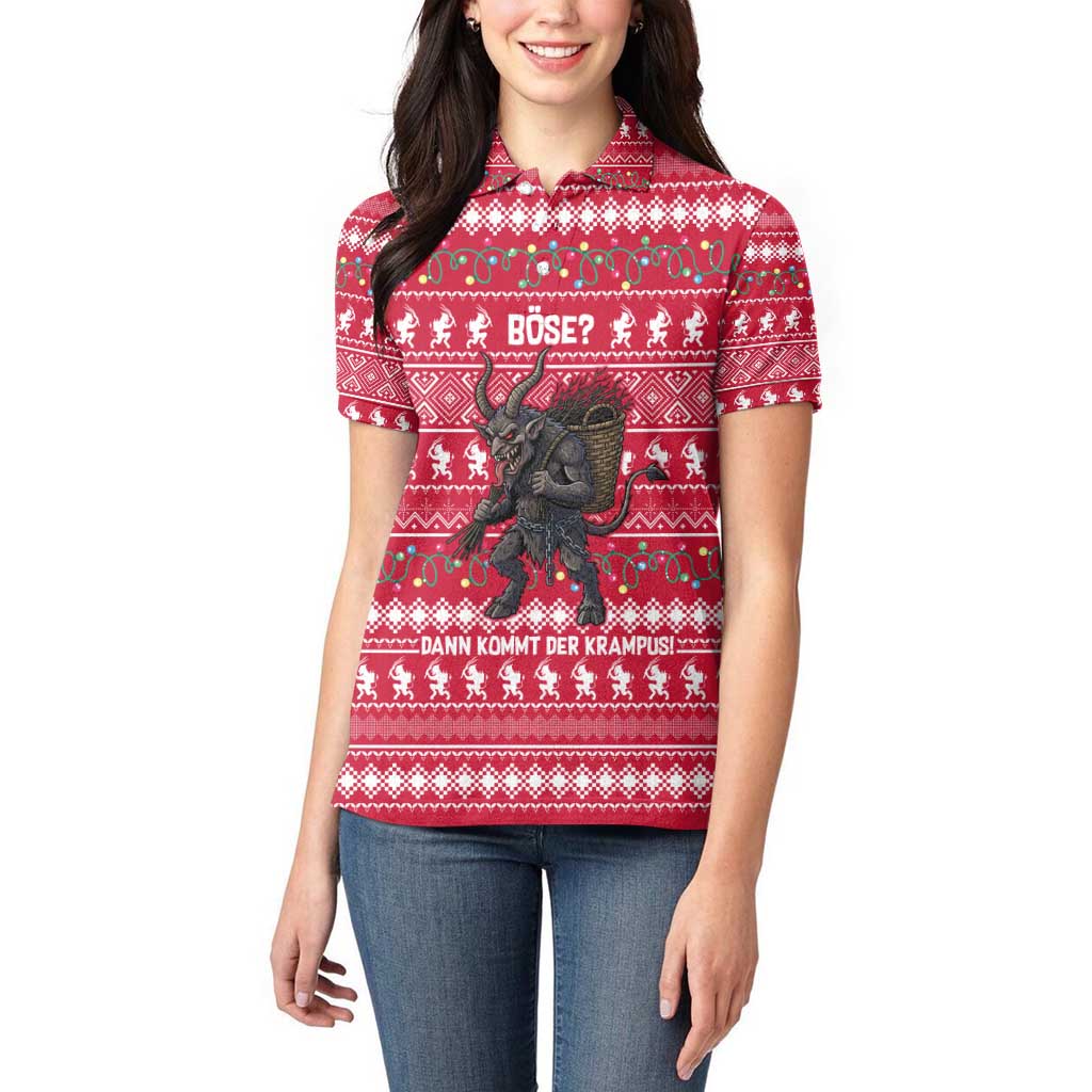 Austria Christmas Women Polo Shirt with German Text Red Pattern and Festive Lights - Wonder Print Shop