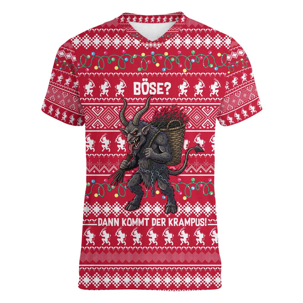 Austria Christmas Women V-Neck T-Shirt with German Text Red Pattern and Festive Lights - Wonder Print Shop