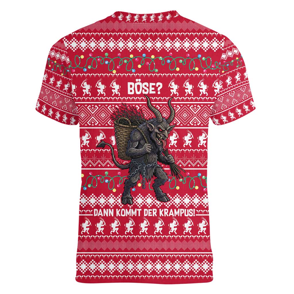 Austria Christmas Women V-Neck T-Shirt with German Text Red Pattern and Festive Lights - Wonder Print Shop