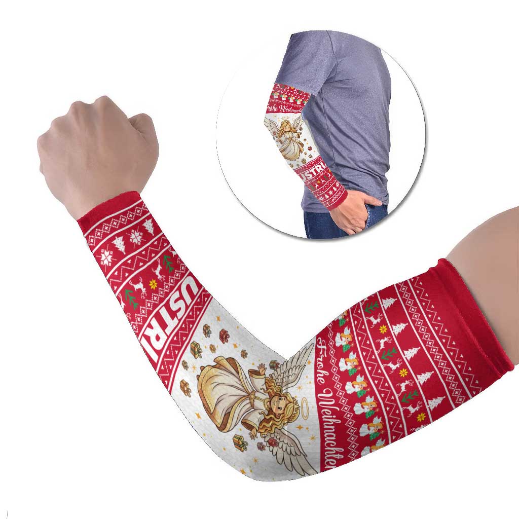 Austria Christmas Arm Sleeves with Frohe Weihnachten Angel Design and Red White Holiday - Wonder Print Shop