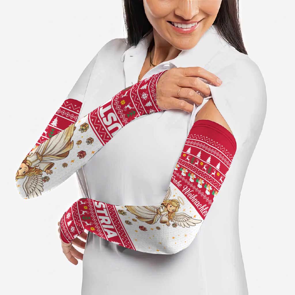 Austria Christmas Arm Sleeves with Frohe Weihnachten Angel Design and Red White Holiday - Wonder Print Shop