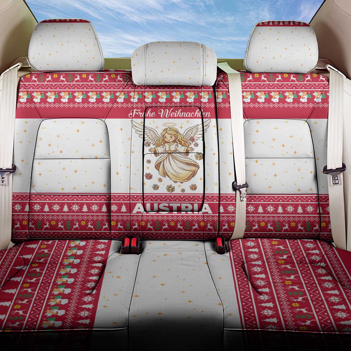 Austria Christmas Back Car Seat Cover with Frohe Weihnachten Angel Design and Red White Holiday - Wonder Print Shop