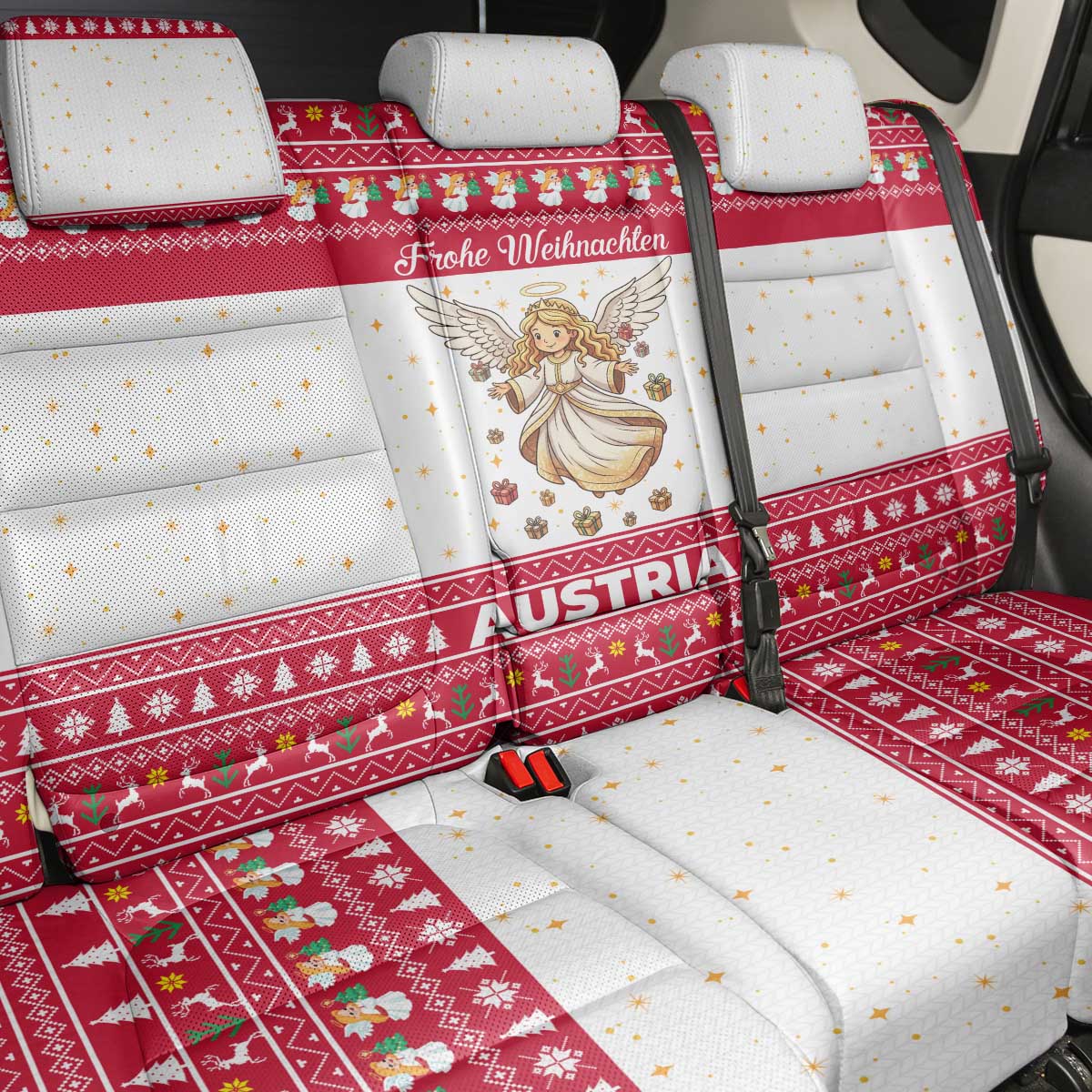 Austria Christmas Back Car Seat Cover with Frohe Weihnachten Angel Design and Red White Holiday - Wonder Print Shop