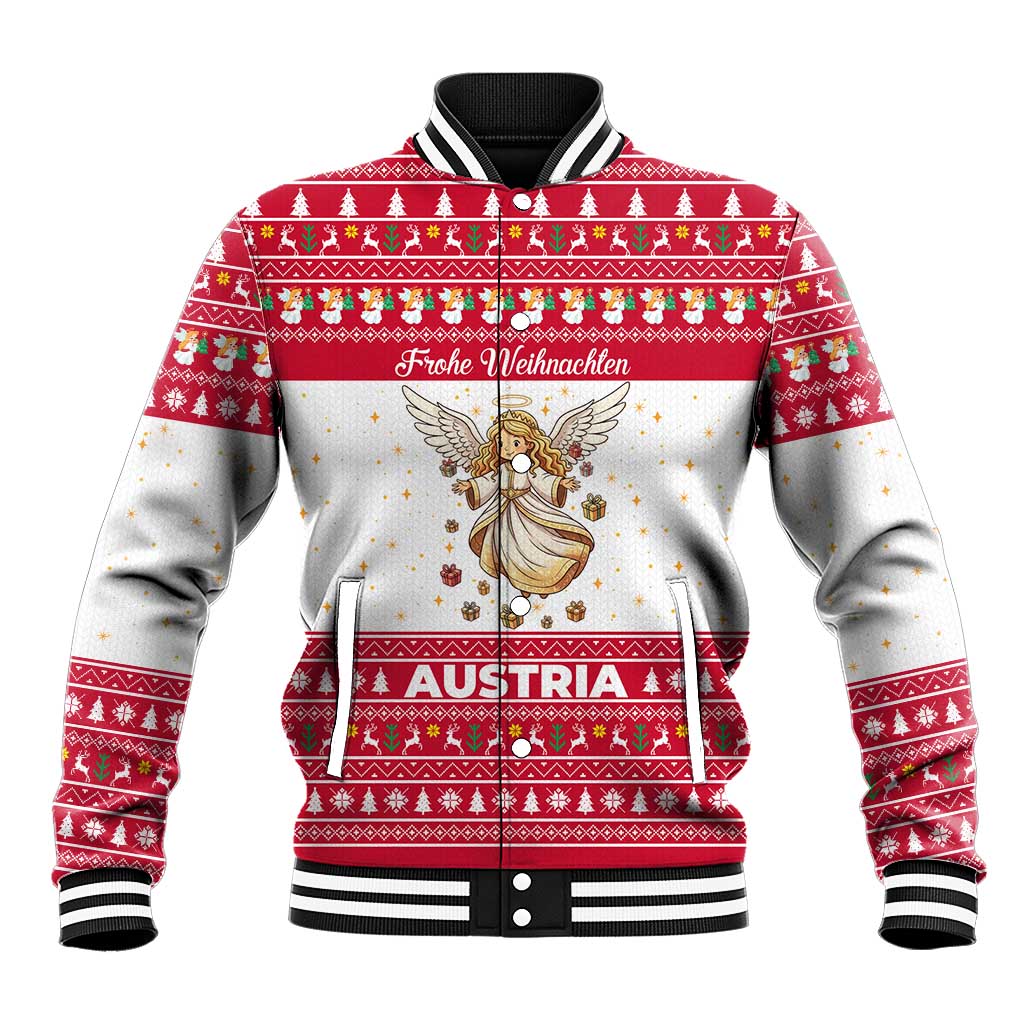 Austria Christmas Baseball Jacket with Frohe Weihnachten Angel Design and Red White Holiday - Wonder Print Shop