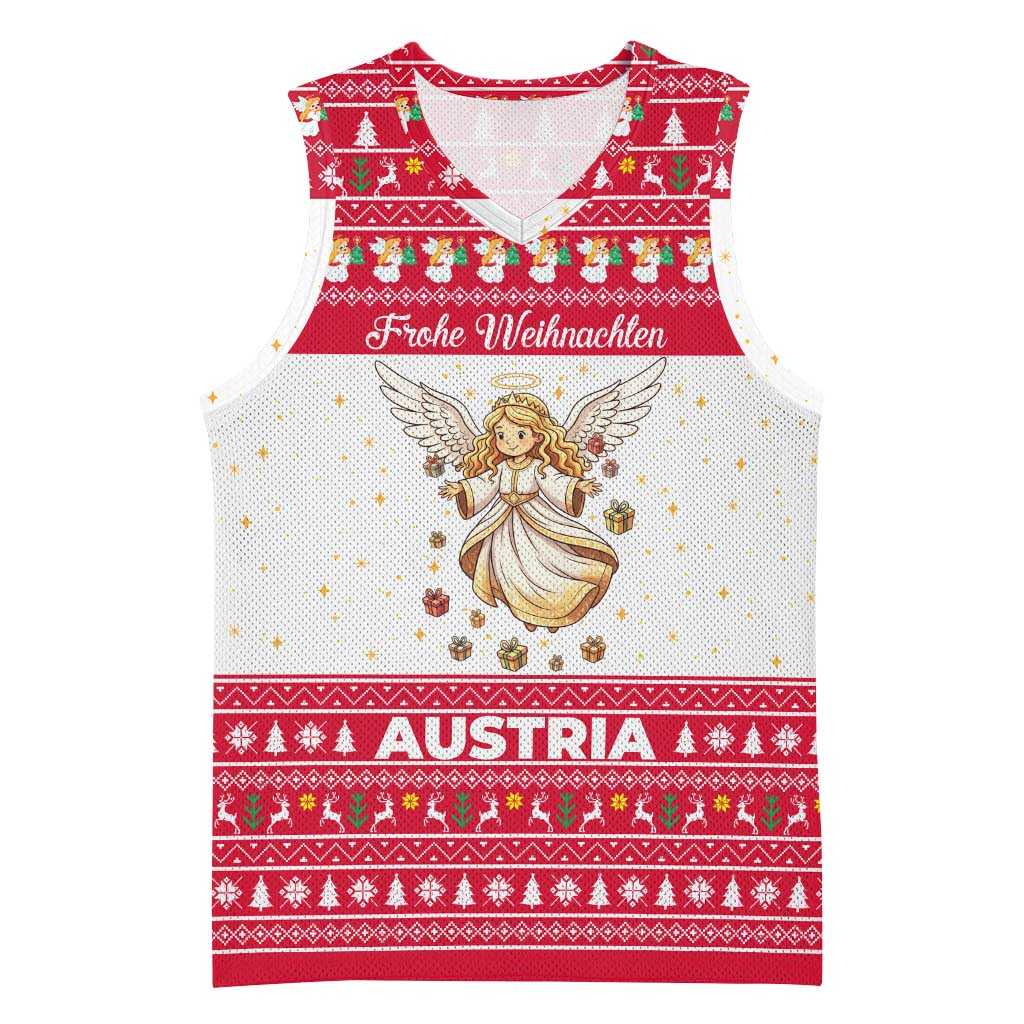Austria Christmas Basketball Jersey with Frohe Weihnachten Angel Design and Red White Holiday - Wonder Print Shop