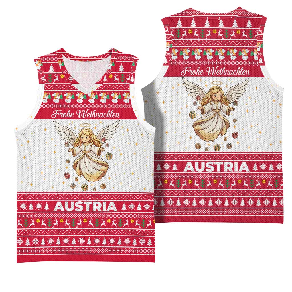 Austria Christmas Basketball Jersey with Frohe Weihnachten Angel Design and Red White Holiday - Wonder Print Shop