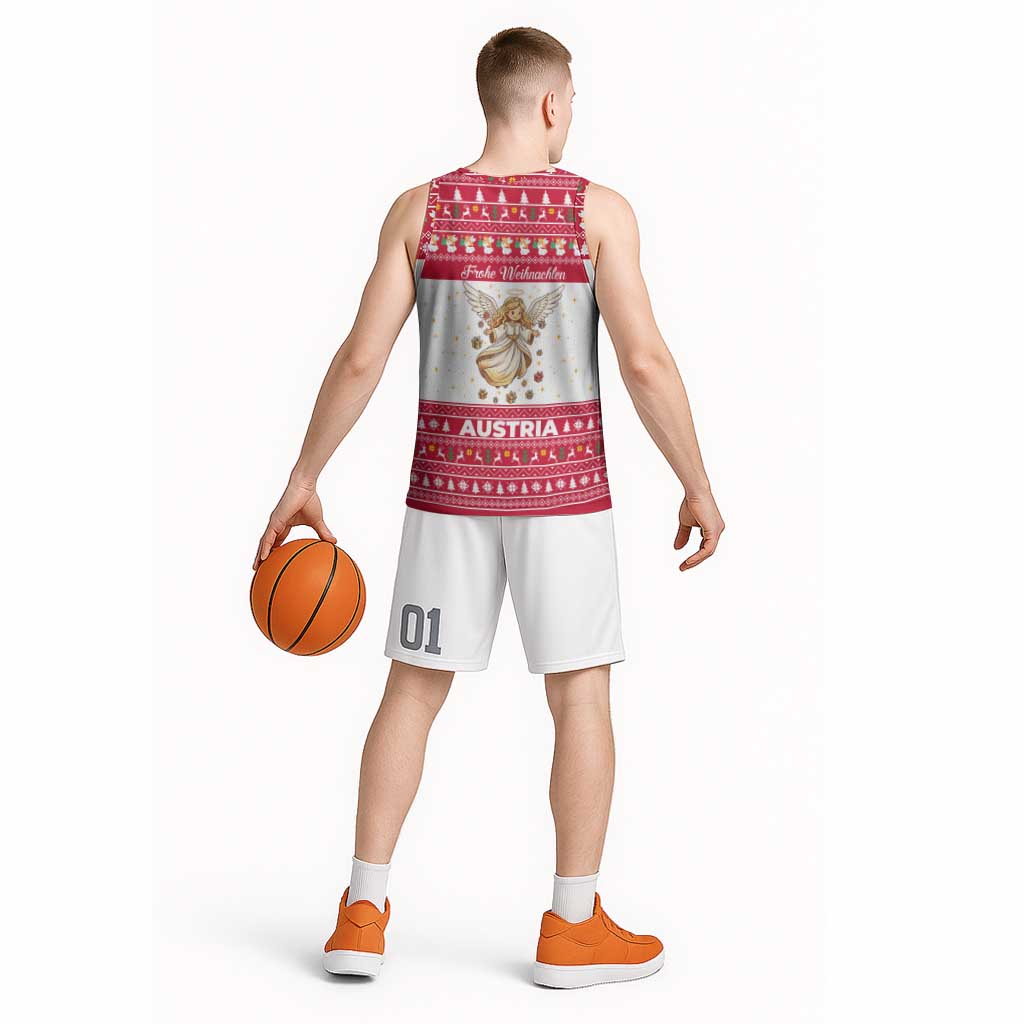 Austria Christmas Basketball Jersey with Frohe Weihnachten Angel Design and Red White Holiday - Wonder Print Shop