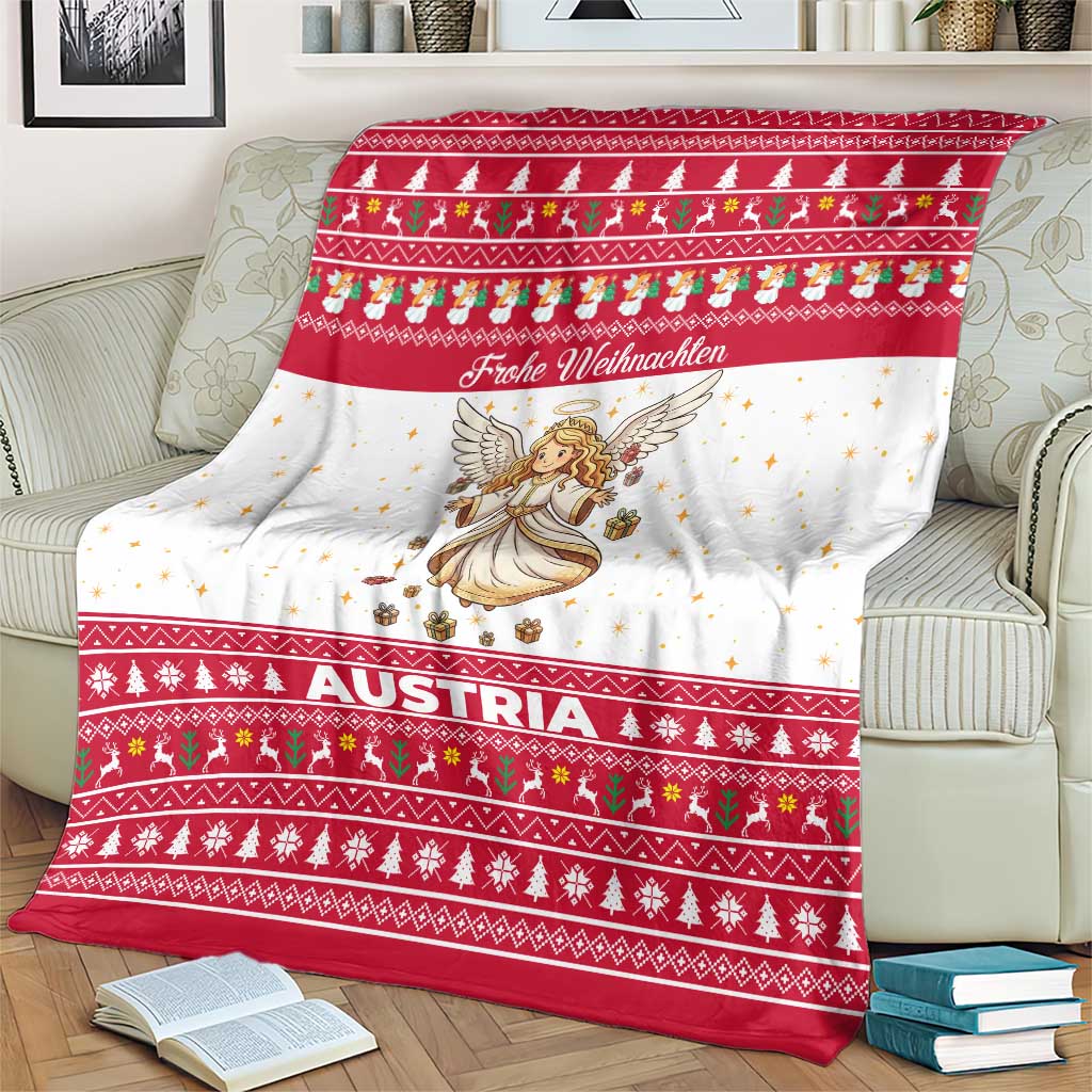 Austria Christmas Blanket with Frohe Weihnachten Angel Design and Red White Holiday - Wonder Print Shop