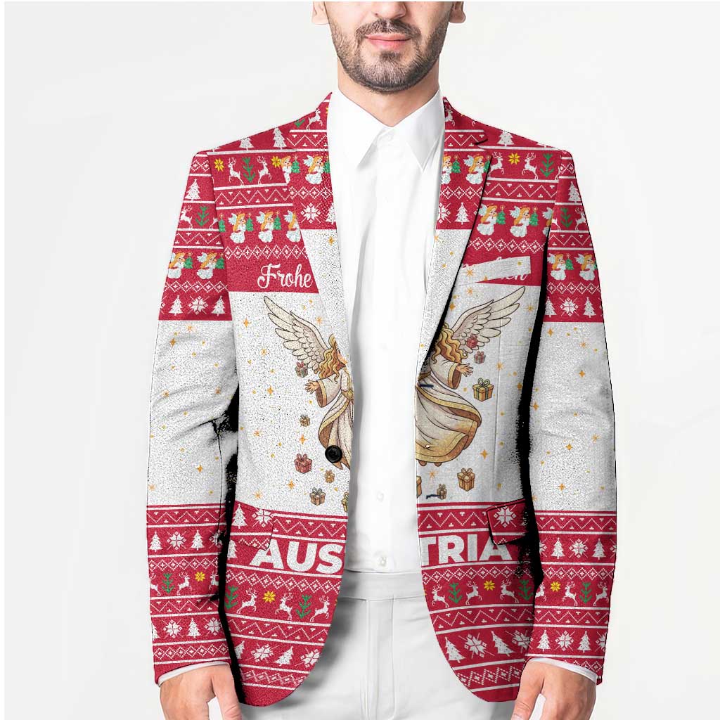 Austria Christmas Blazer with Frohe Weihnachten Angel Design and Red White Holiday - Wonder Print Shop