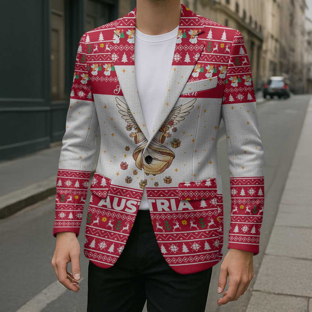 Austria Christmas Blazer with Frohe Weihnachten Angel Design and Red White Holiday - Wonder Print Shop
