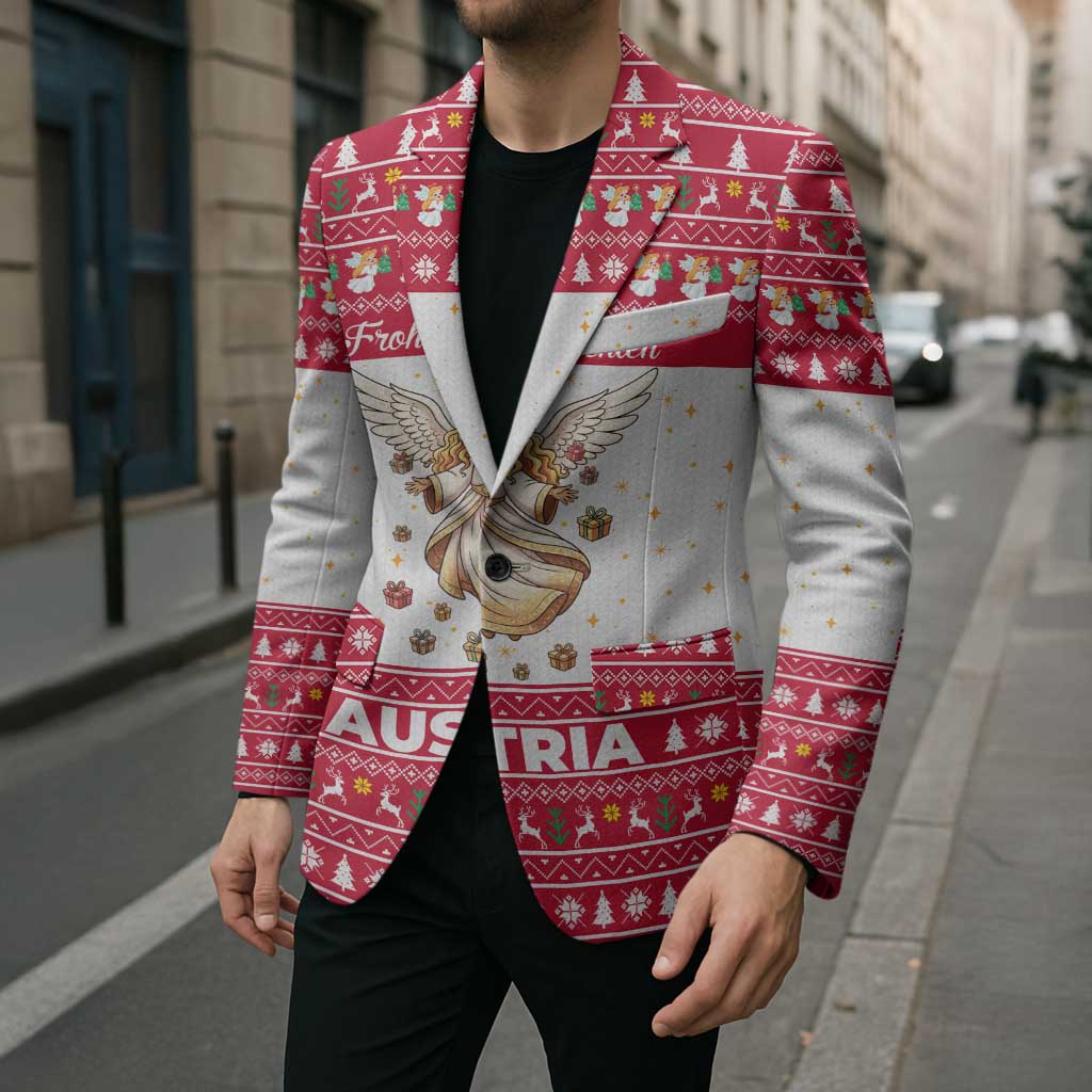 Austria Christmas Blazer with Frohe Weihnachten Angel Design and Red White Holiday - Wonder Print Shop