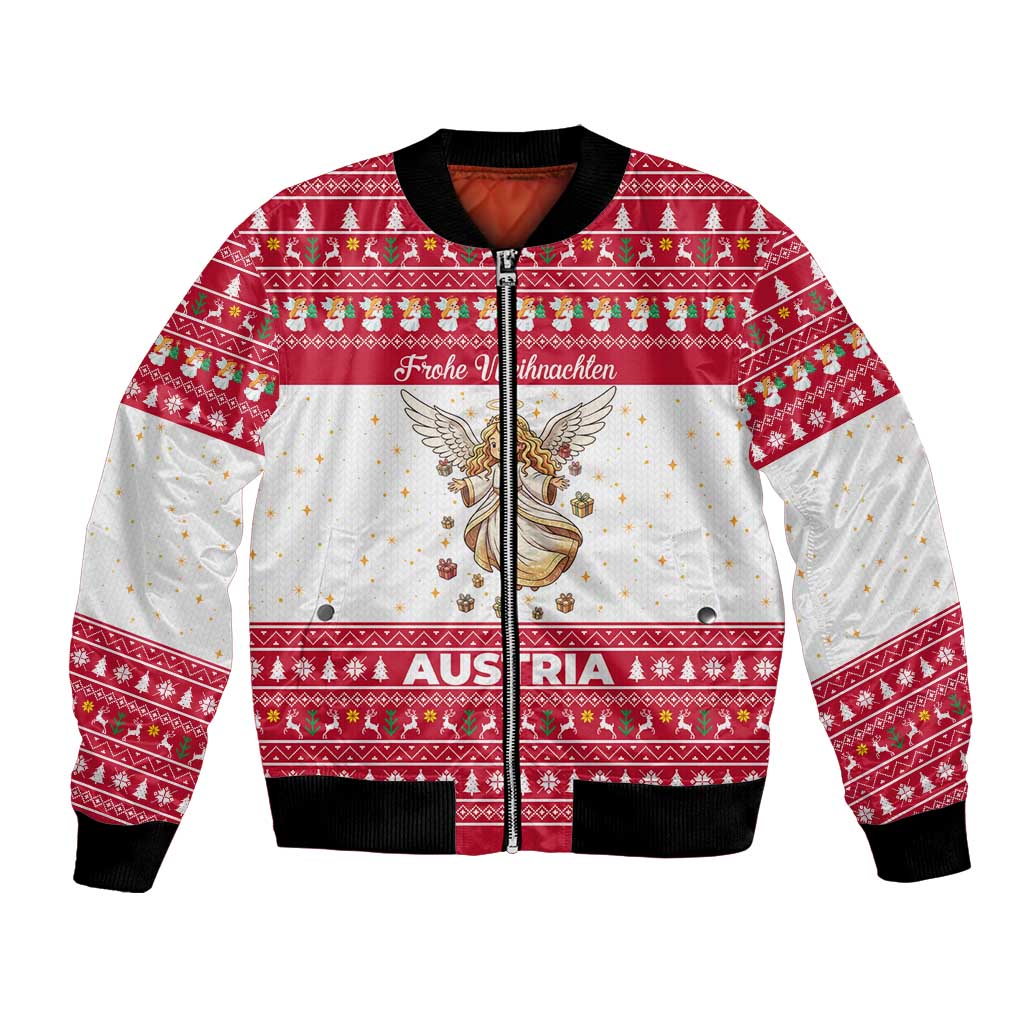 Austria Christmas Bomber Jacket with Frohe Weihnachten Angel Design and Red White Holiday - Wonder Print Shop