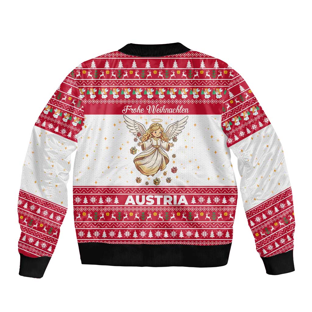 Austria Christmas Bomber Jacket with Frohe Weihnachten Angel Design and Red White Holiday - Wonder Print Shop