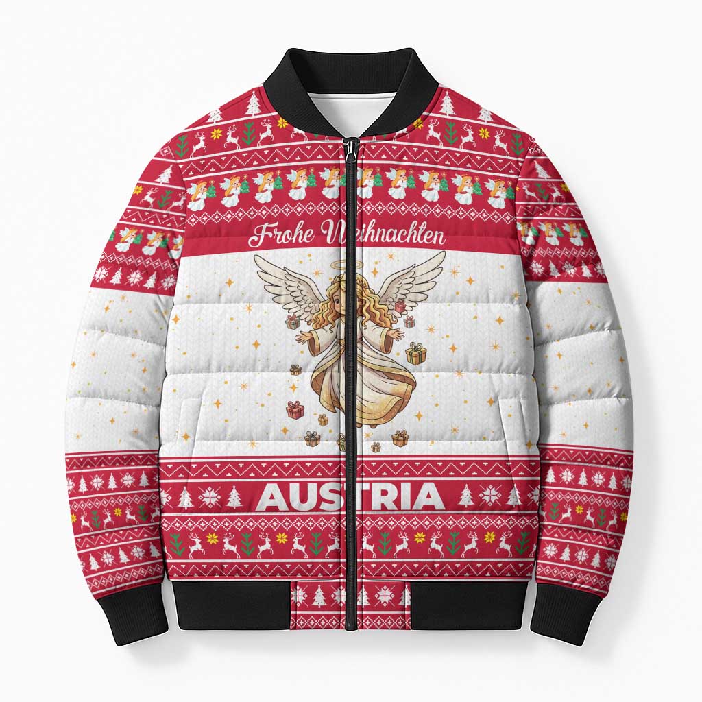 Austria Christmas Bomber Puffer Jacket with Frohe Weihnachten Angel Design and Red White Holiday - Wonder Print Shop