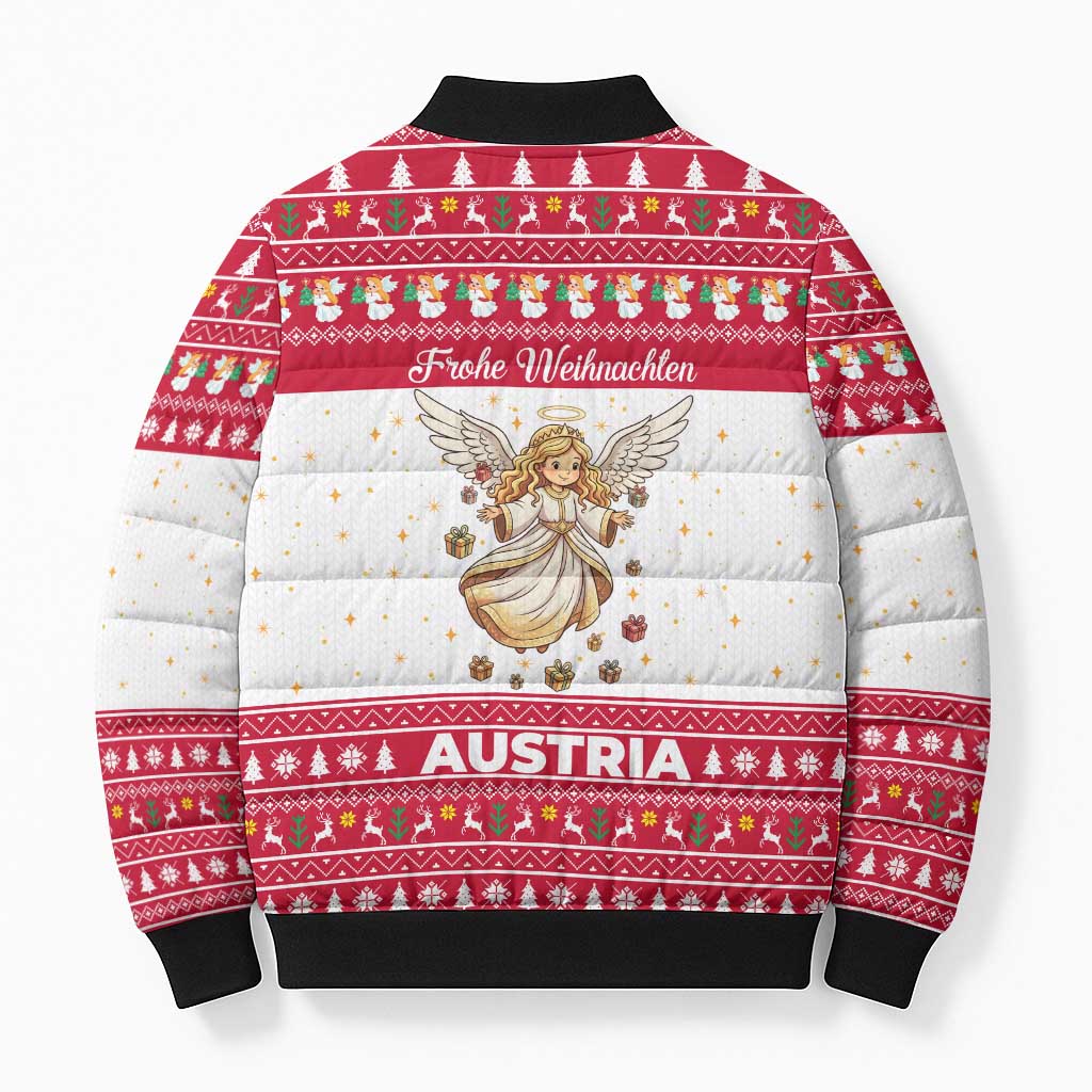 Austria Christmas Bomber Puffer Jacket with Frohe Weihnachten Angel Design and Red White Holiday - Wonder Print Shop