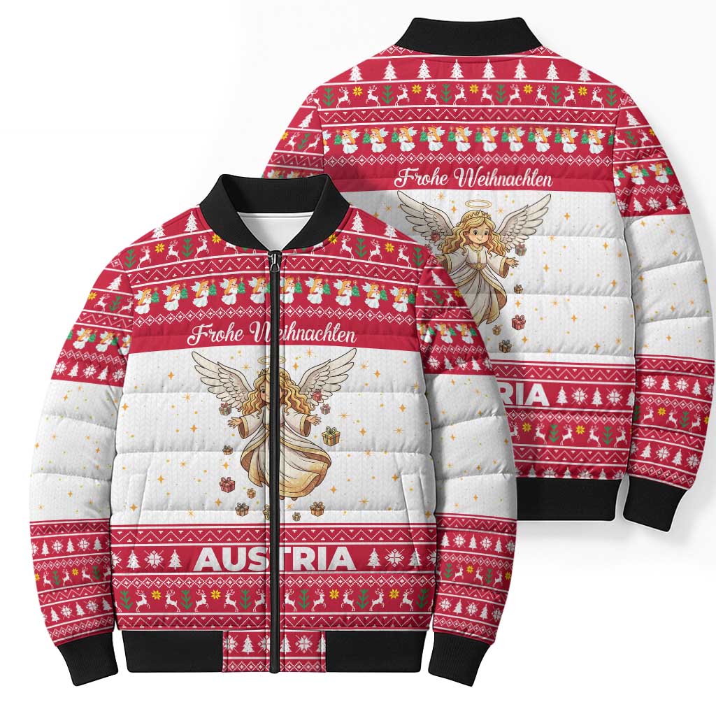 Austria Christmas Bomber Puffer Jacket with Frohe Weihnachten Angel Design and Red White Holiday - Wonder Print Shop