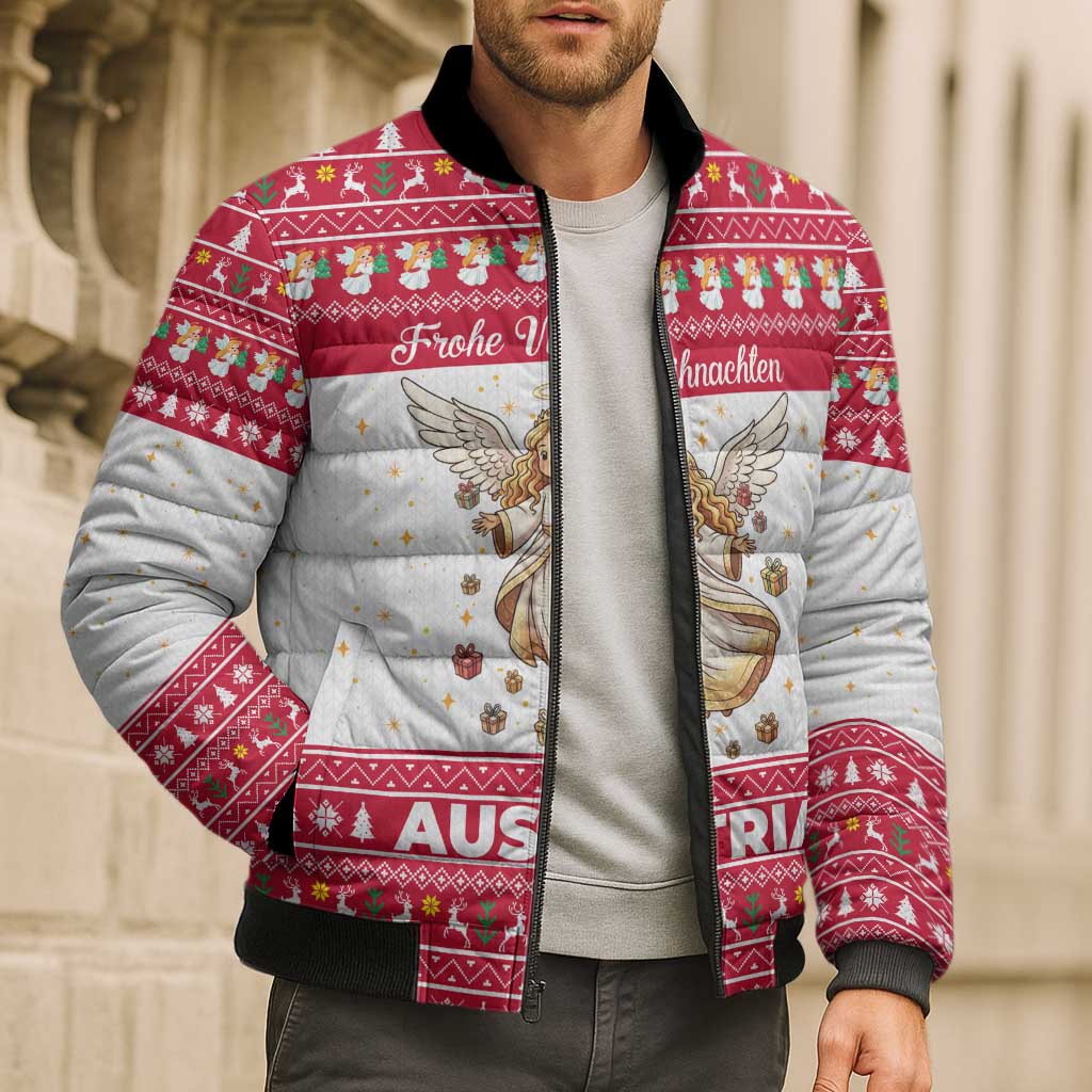 Austria Christmas Bomber Puffer Jacket with Frohe Weihnachten Angel Design and Red White Holiday - Wonder Print Shop