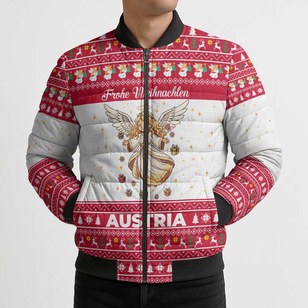 Austria Christmas Bomber Puffer Jacket with Frohe Weihnachten Angel Design and Red White Holiday - Wonder Print Shop
