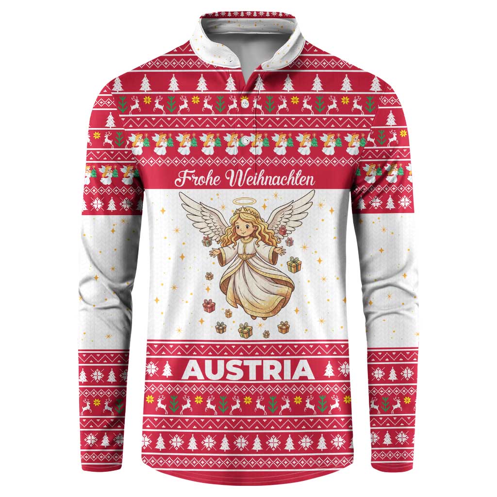 Austria Christmas Button Sweatshirt with Frohe Weihnachten Angel Design and Red White Holiday - Wonder Print Shop