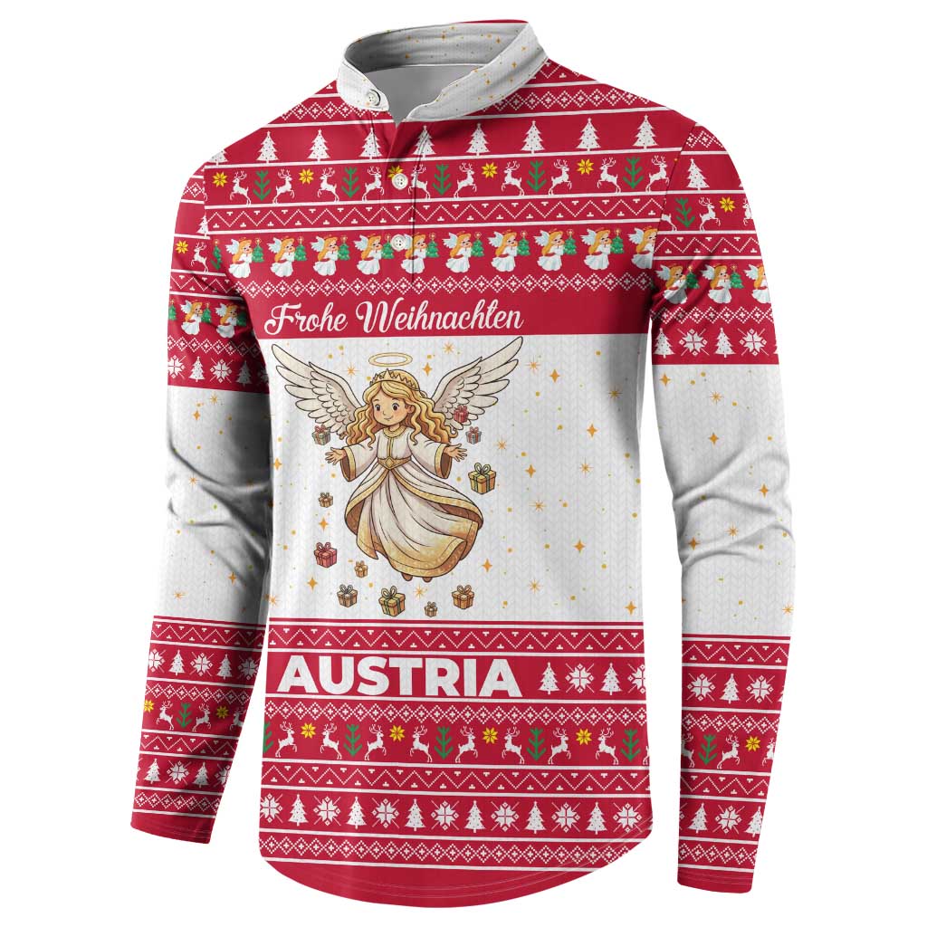 Austria Christmas Button Sweatshirt with Frohe Weihnachten Angel Design and Red White Holiday - Wonder Print Shop