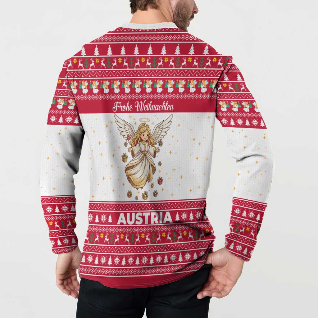 Austria Christmas Button Sweatshirt with Frohe Weihnachten Angel Design and Red White Holiday - Wonder Print Shop
