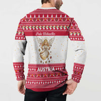 Austria Christmas Button Sweatshirt with Frohe Weihnachten Angel Design and Red White Holiday - Wonder Print Shop