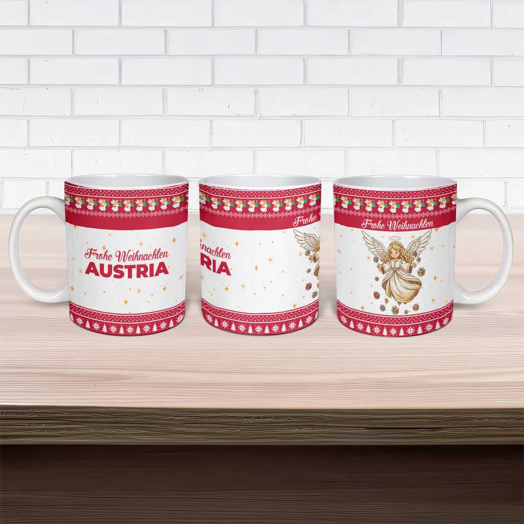 Austria Christmas Ceramic Mug with Frohe Weihnachten Angel Design and Red White Holiday - Wonder Print Shop