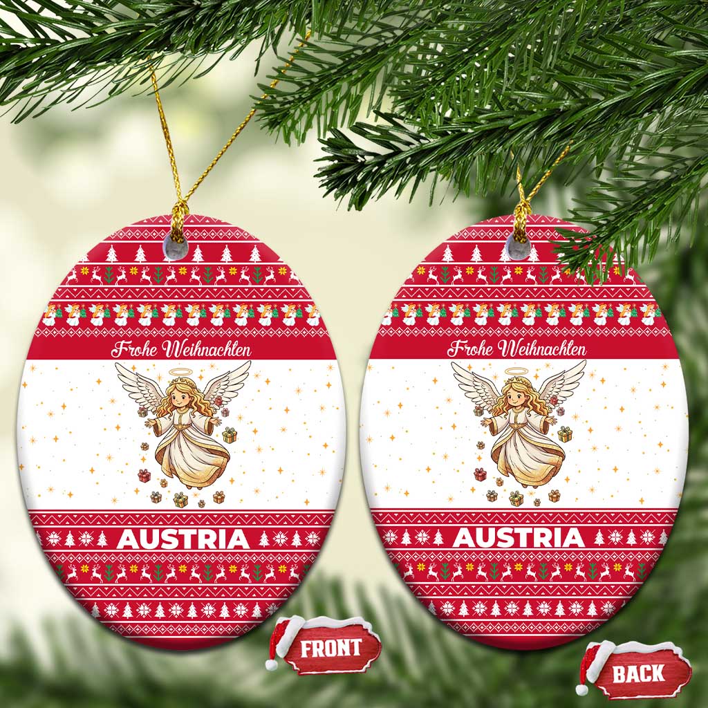 Austria Christmas Ceramic Ornament with Frohe Weihnachten Angel Design and Red White Holiday - Wonder Print Shop
