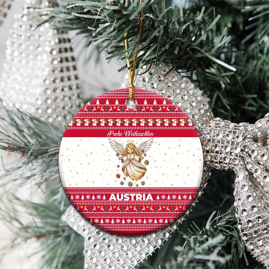 Austria Christmas Ceramic Ornament with Frohe Weihnachten Angel Design and Red White Holiday - Wonder Print Shop