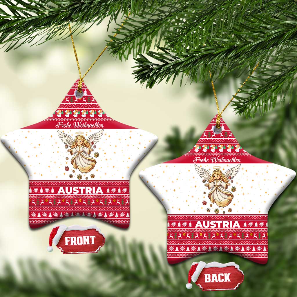 Austria Christmas Ceramic Ornament with Frohe Weihnachten Angel Design and Red White Holiday - Wonder Print Shop