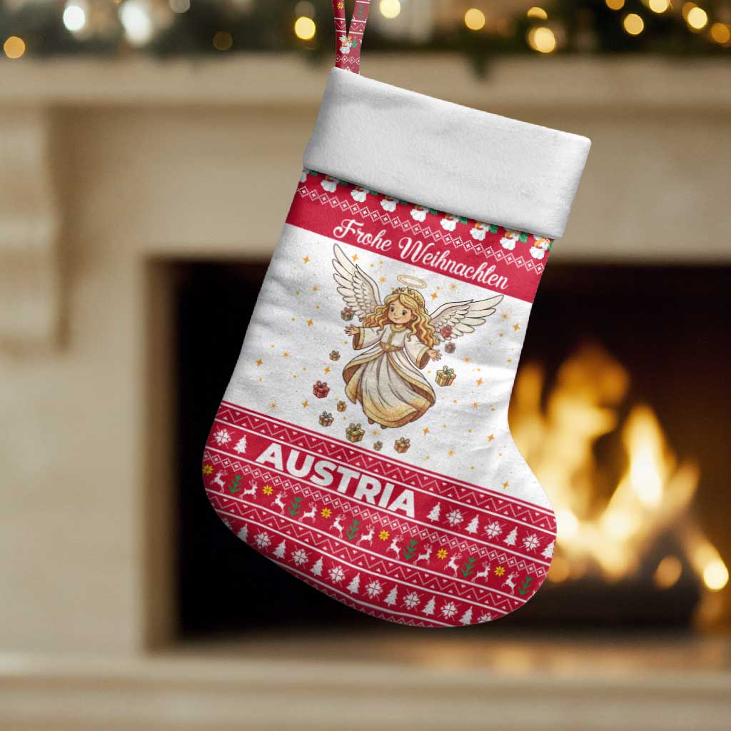 Austria Christmas Stocking with Frohe Weihnachten Angel Design and Red White Holiday - Wonder Print Shop