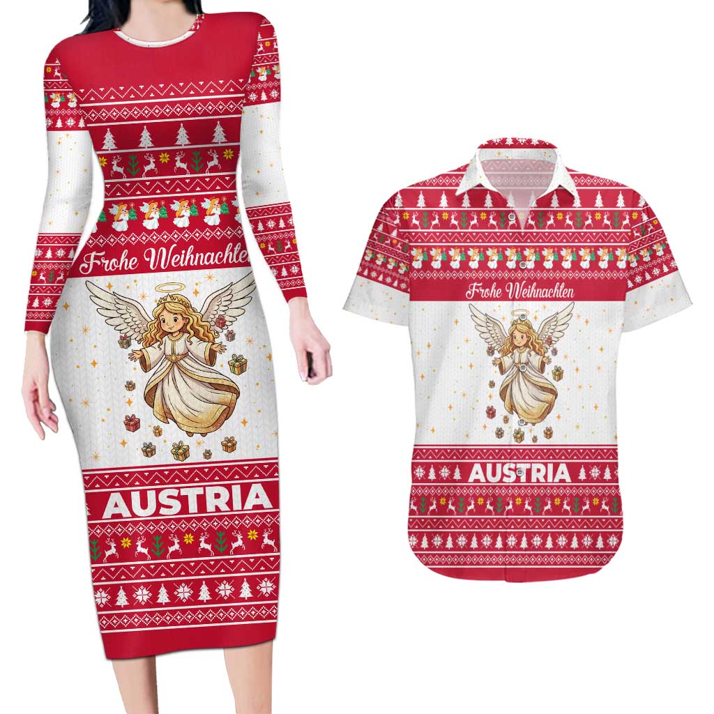 Austria Christmas Couples Matching Long Sleeve Bodycon Dress and Hawaiian Shirt with Frohe Weihnachten Angel Design and Red White Holiday - Wonder Print Shop
