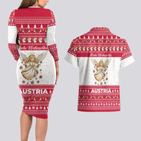 Austria Christmas Couples Matching Long Sleeve Bodycon Dress and Hawaiian Shirt with Frohe Weihnachten Angel Design and Red White Holiday - Wonder Print Shop