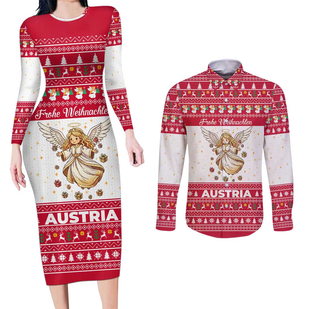Austria Christmas Couples Matching Long Sleeve Bodycon Dress and Long Sleeve Button Shirt with Frohe Weihnachten Angel Design and Red White Holiday - Wonder Print Shop
