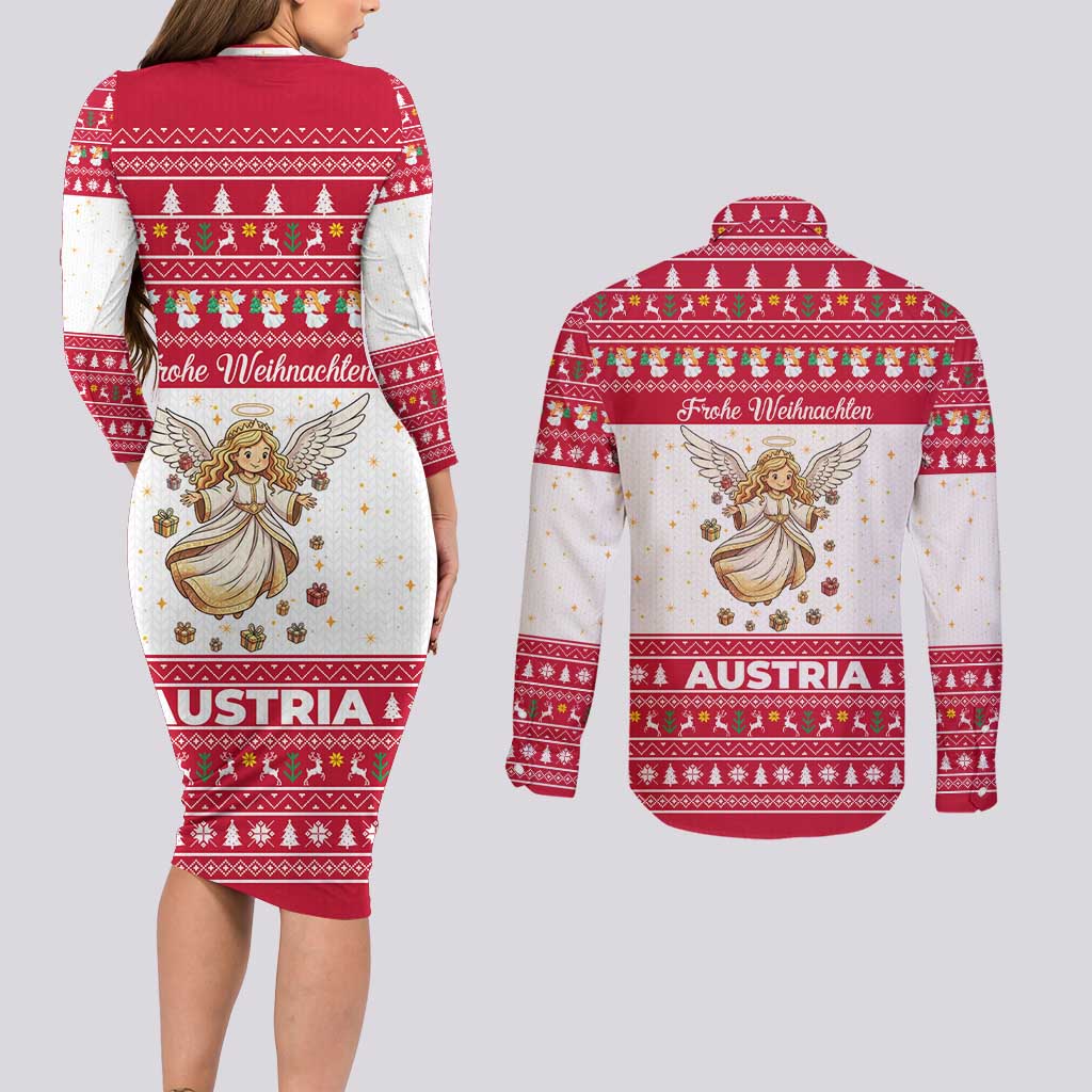 Austria Christmas Couples Matching Long Sleeve Bodycon Dress and Long Sleeve Button Shirt with Frohe Weihnachten Angel Design and Red White Holiday - Wonder Print Shop
