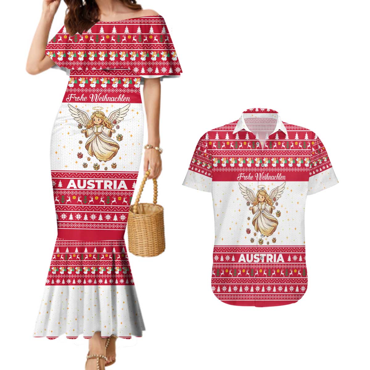 Austria Christmas Couples Matching Mermaid Dress and Hawaiian Shirt with Frohe Weihnachten Angel Design and Red White Holiday - Wonder Print Shop