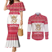 Austria Christmas Couples Matching Mermaid Dress and Long Sleeve Button Shirt with Frohe Weihnachten Angel Design and Red White Holiday - Wonder Print Shop