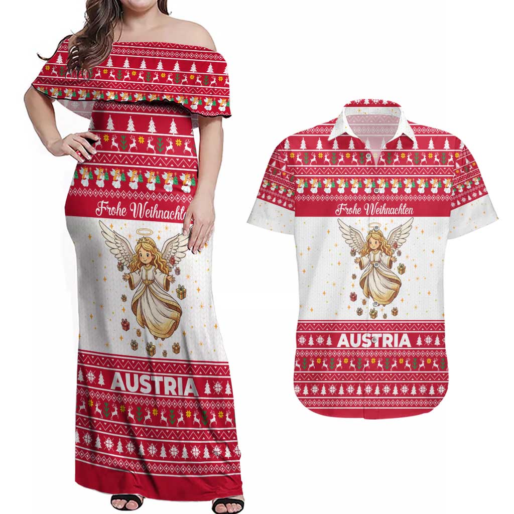 Austria Christmas Couples Matching Off Shoulder Maxi Dress and Hawaiian Shirt with Frohe Weihnachten Angel Design and Red White Holiday - Wonder Print Shop